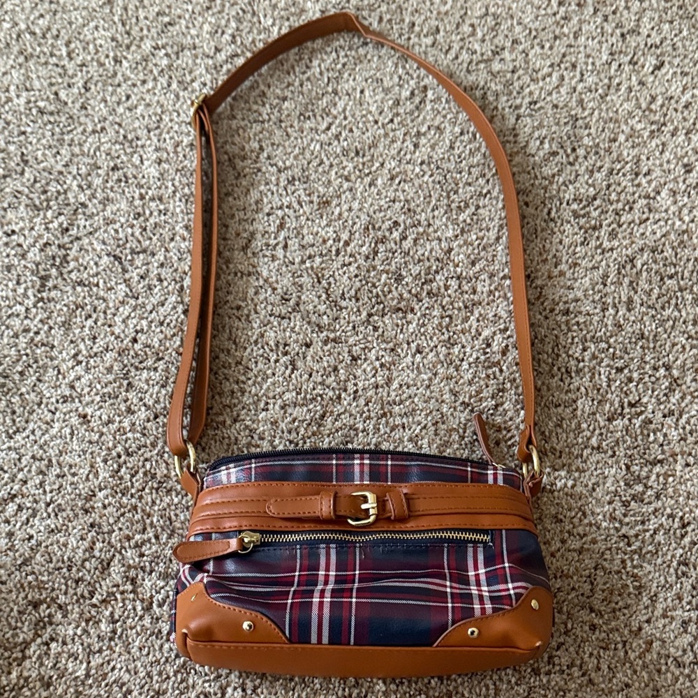 Plaid Crossbody Bag with Tan Accents